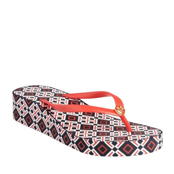 Tory Burch Shoes - Tory Burch Thandie Wedge Flip-Flops, brand's geometric logo print. Size 9.5